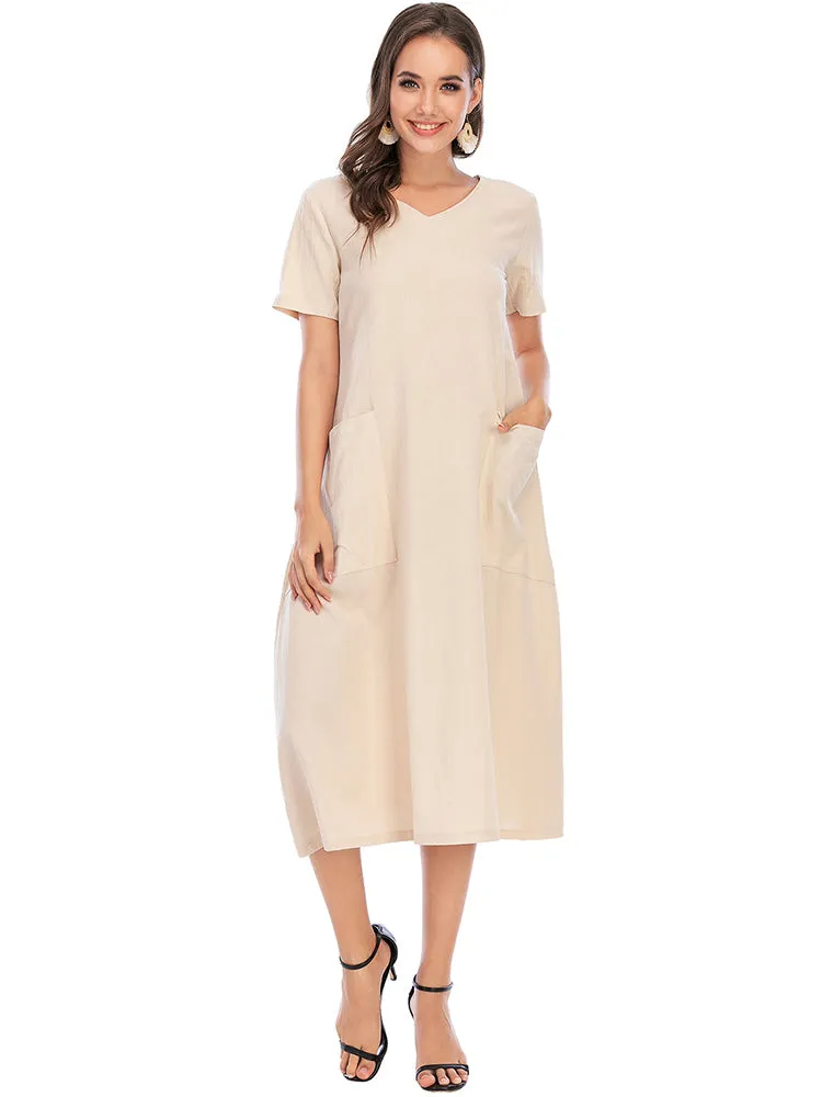 Vintage Short Sleeve V Neck Pockets Dresses