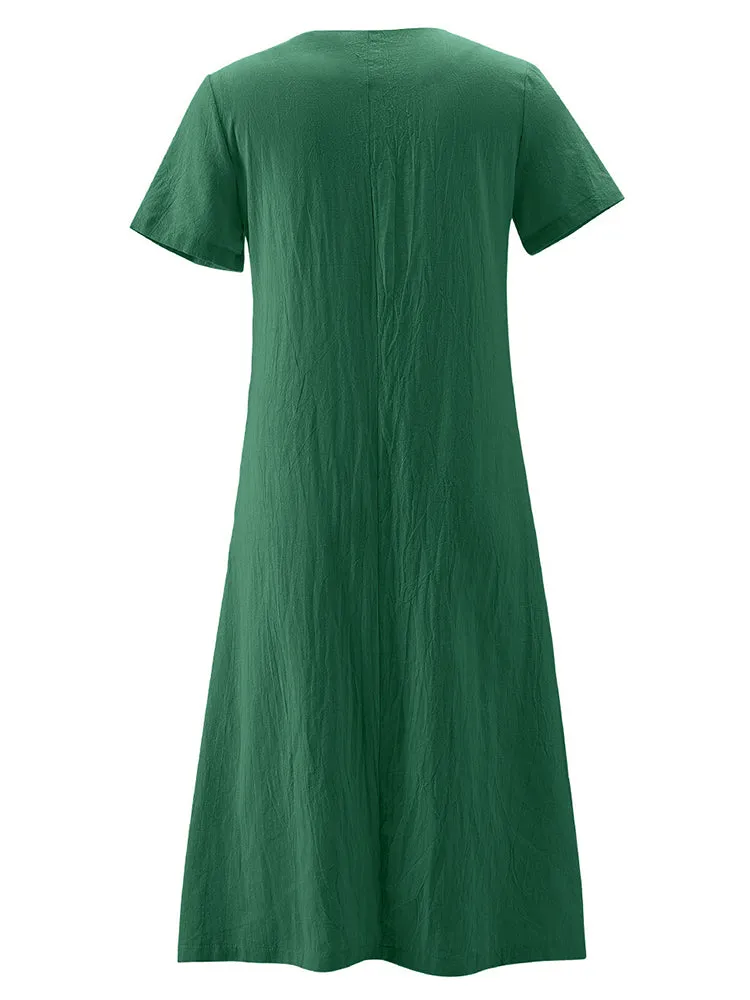 Vintage Short Sleeve V Neck Pockets Dresses