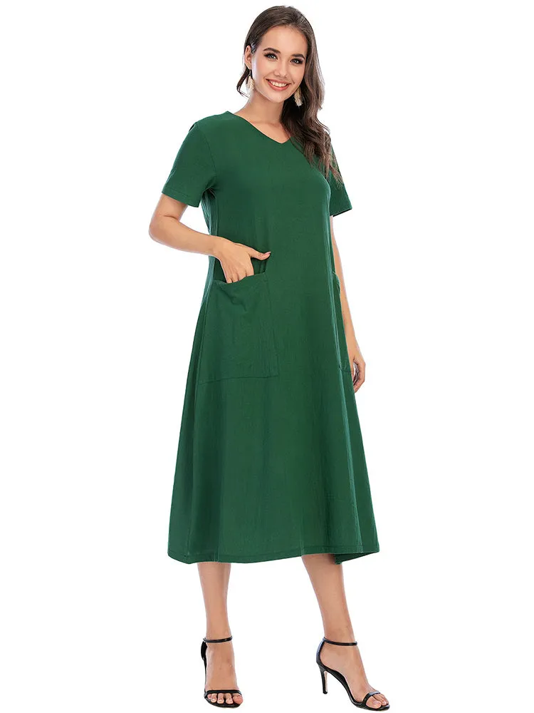 Vintage Short Sleeve V Neck Pockets Dresses