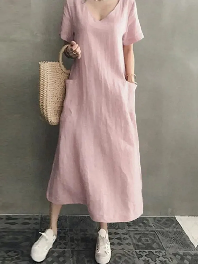 Vintage Short Sleeve V Neck Pockets Dresses