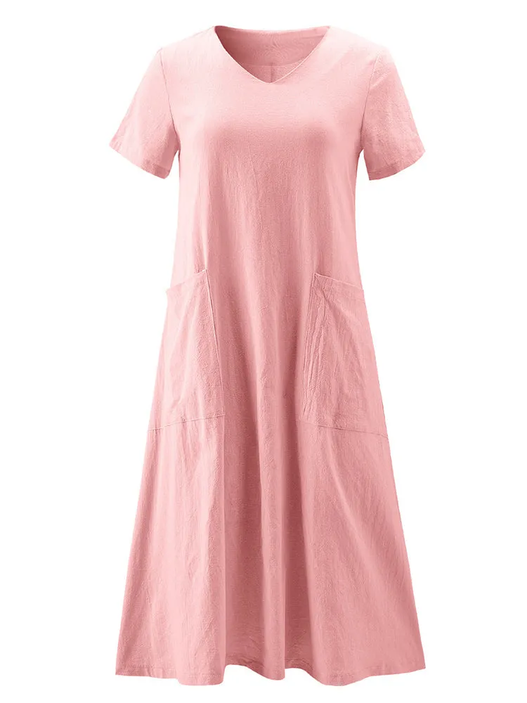 Vintage Short Sleeve V Neck Pockets Dresses