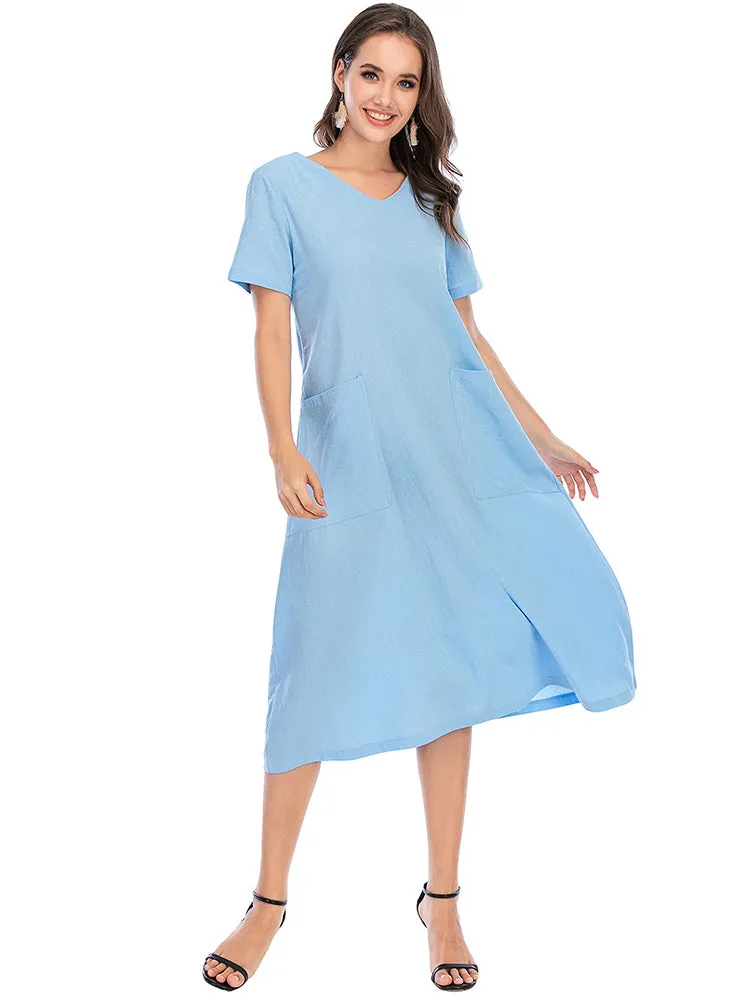 Vintage Short Sleeve V Neck Pockets Dresses