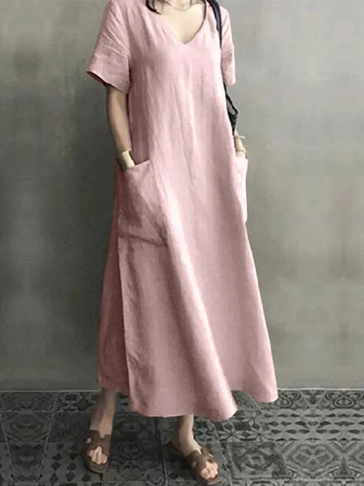 Vintage Short Sleeve V Neck Pockets Dresses