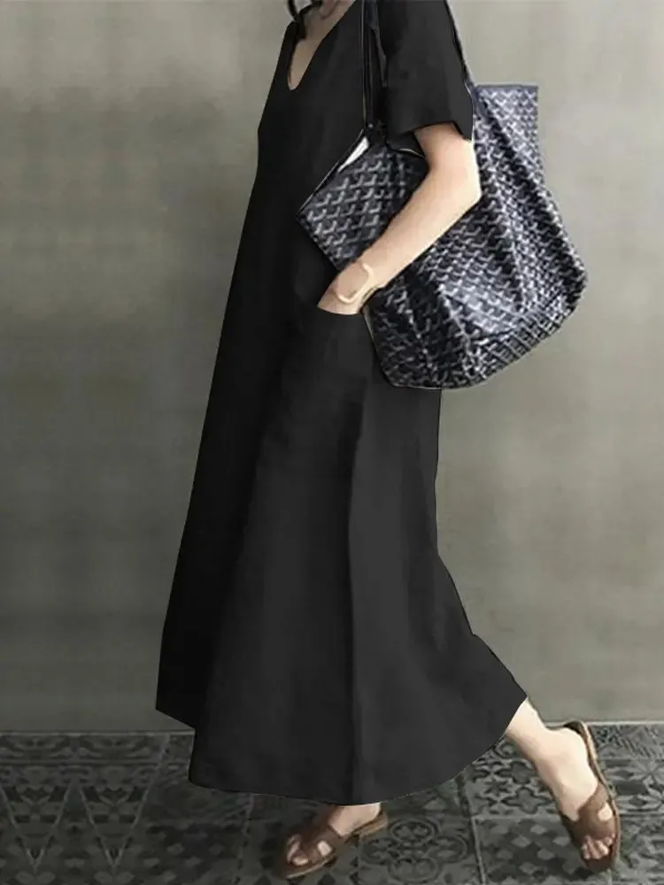 Vintage Short Sleeve V Neck Pockets Dresses
