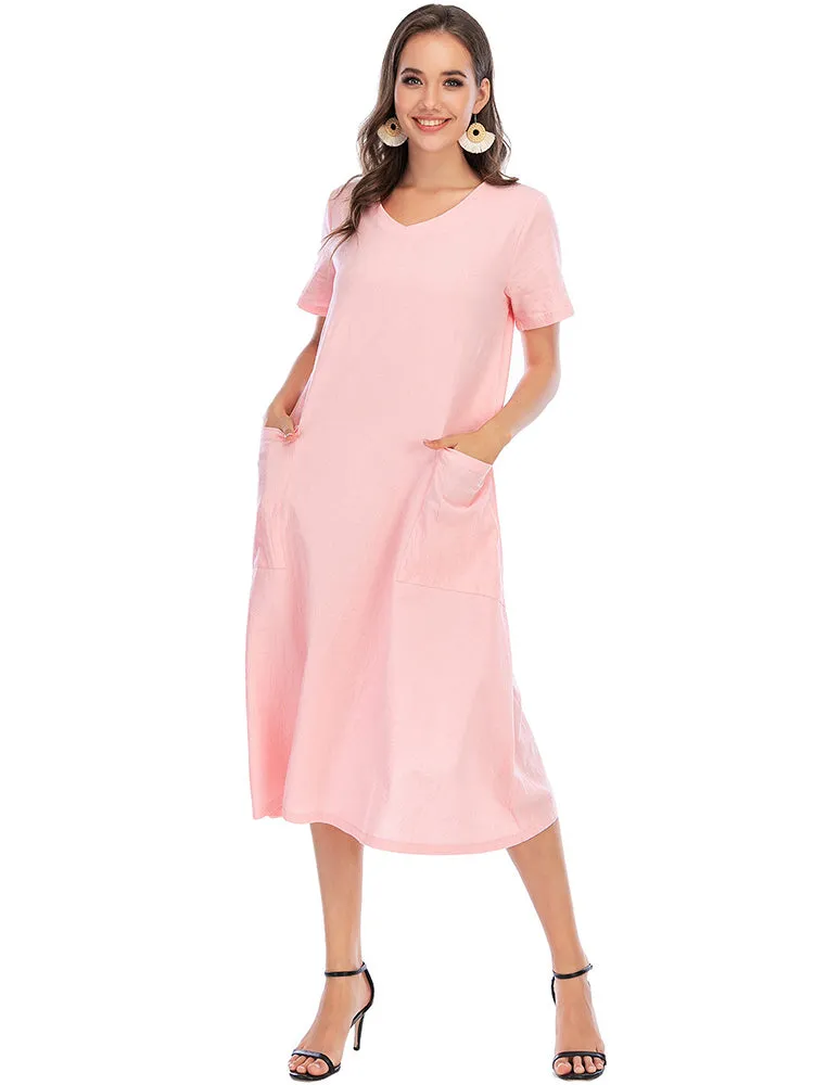 Vintage Short Sleeve V Neck Pockets Dresses