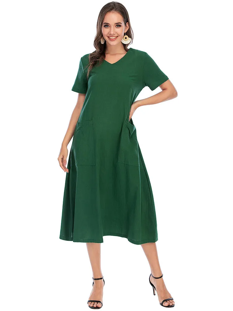 Vintage Short Sleeve V Neck Pockets Dresses
