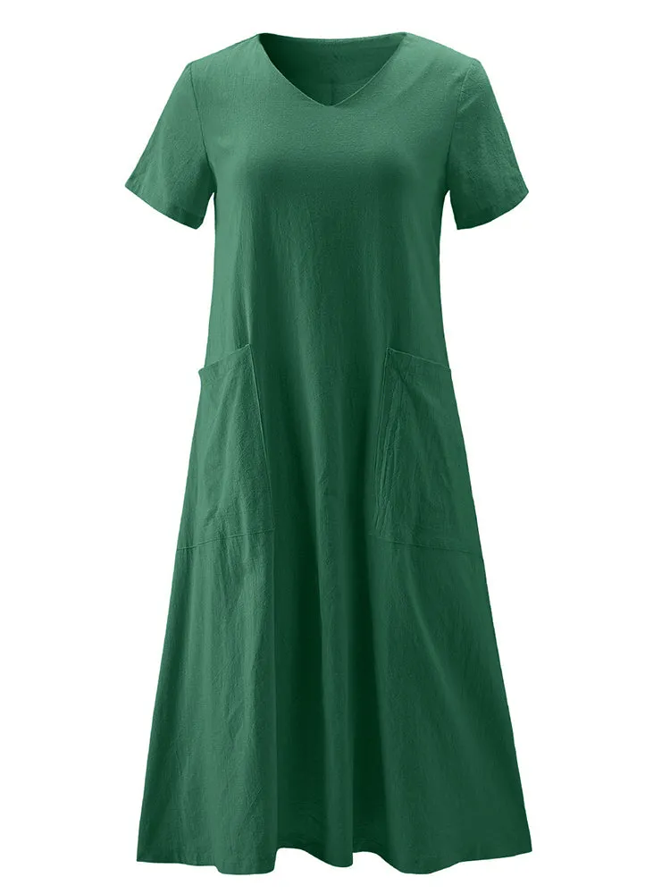 Vintage Short Sleeve V Neck Pockets Dresses