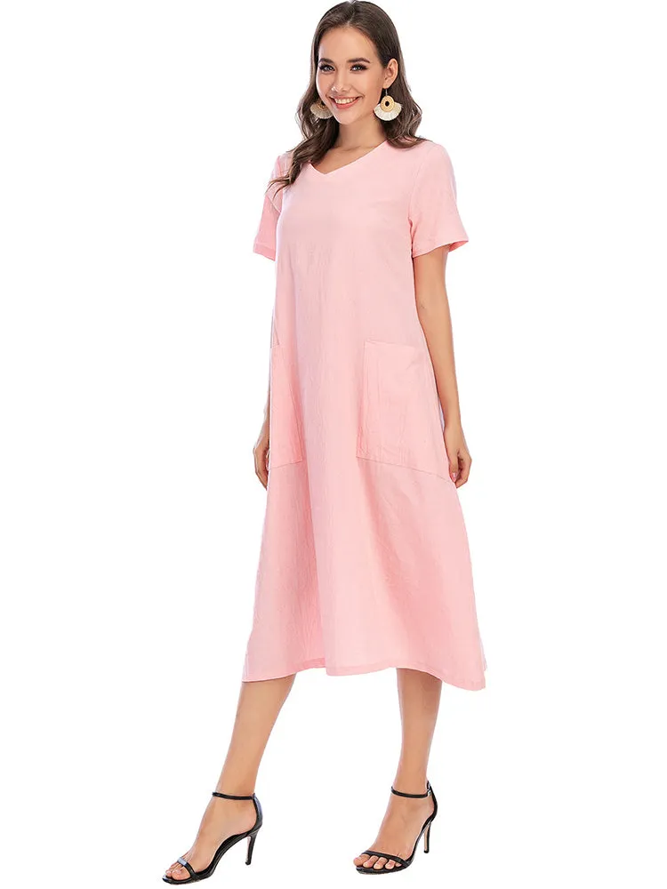Vintage Short Sleeve V Neck Pockets Dresses