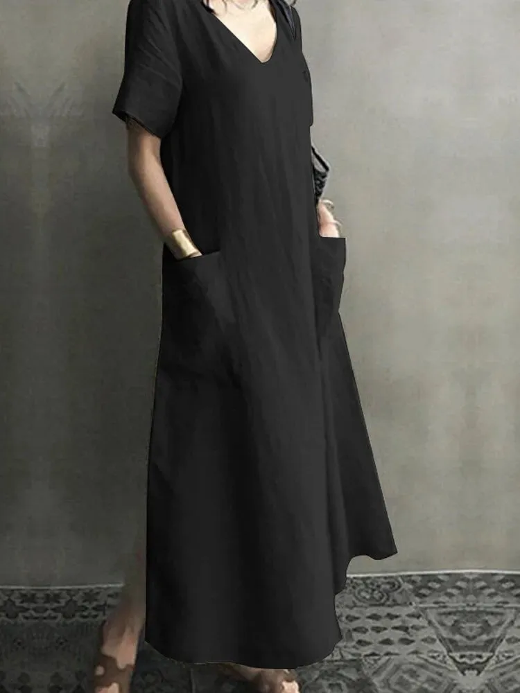 Vintage Short Sleeve V Neck Pockets Dresses