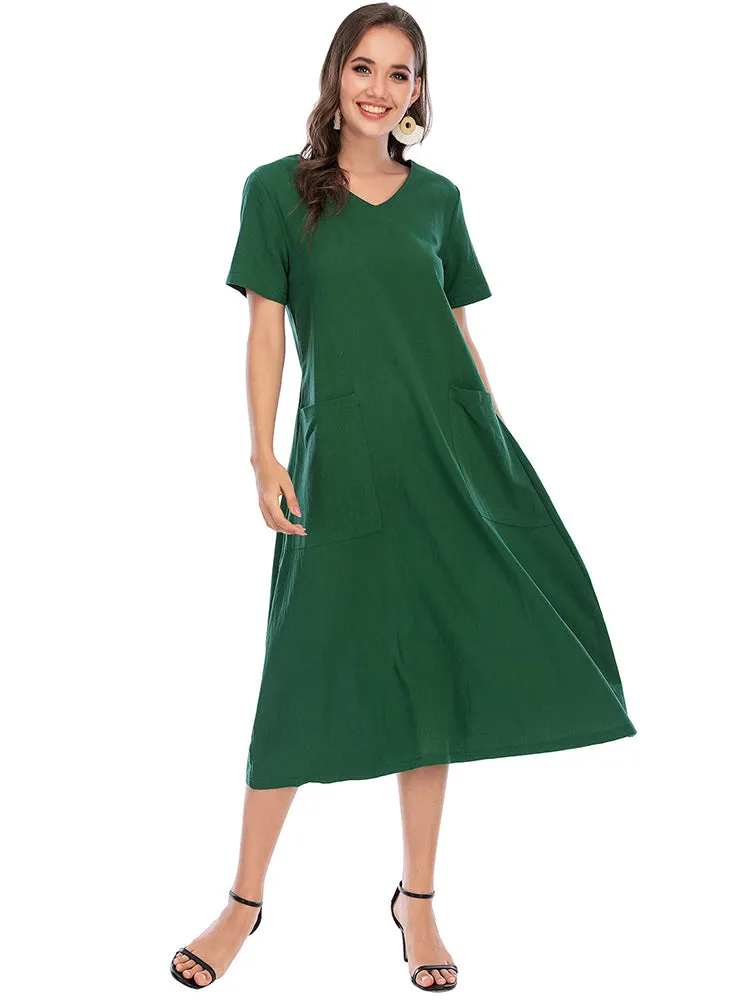 Vintage Short Sleeve V Neck Pockets Dresses