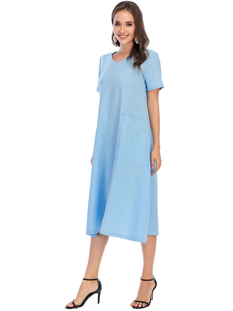 Vintage Short Sleeve V Neck Pockets Dresses