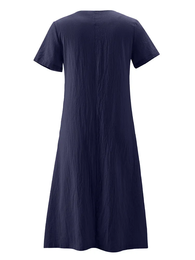 Vintage Short Sleeve V Neck Pockets Dresses