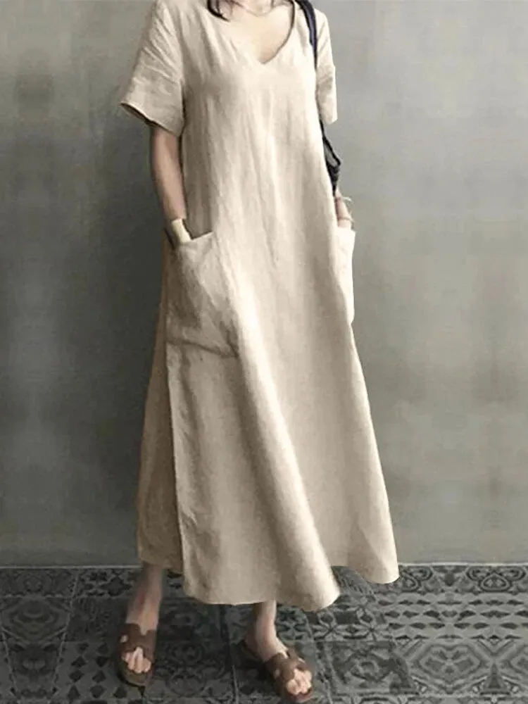 Vintage Short Sleeve V Neck Pockets Dresses