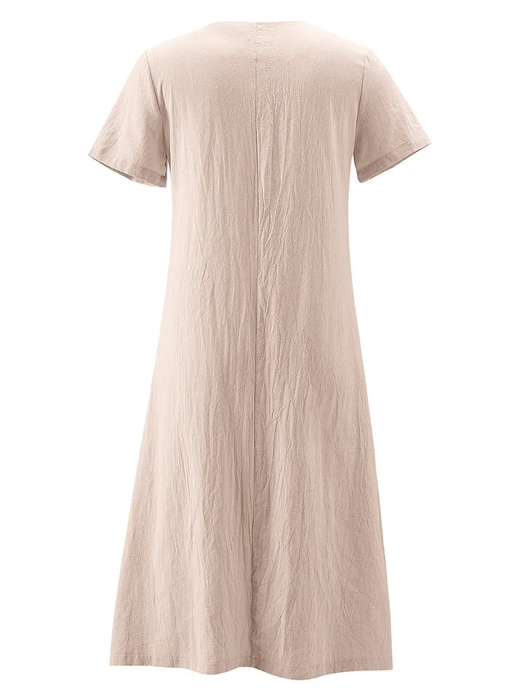 Vintage Short Sleeve V Neck Pockets Dresses
