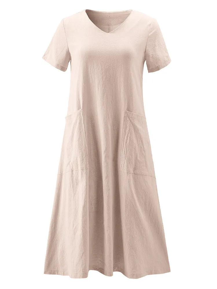 Vintage Short Sleeve V Neck Pockets Dresses