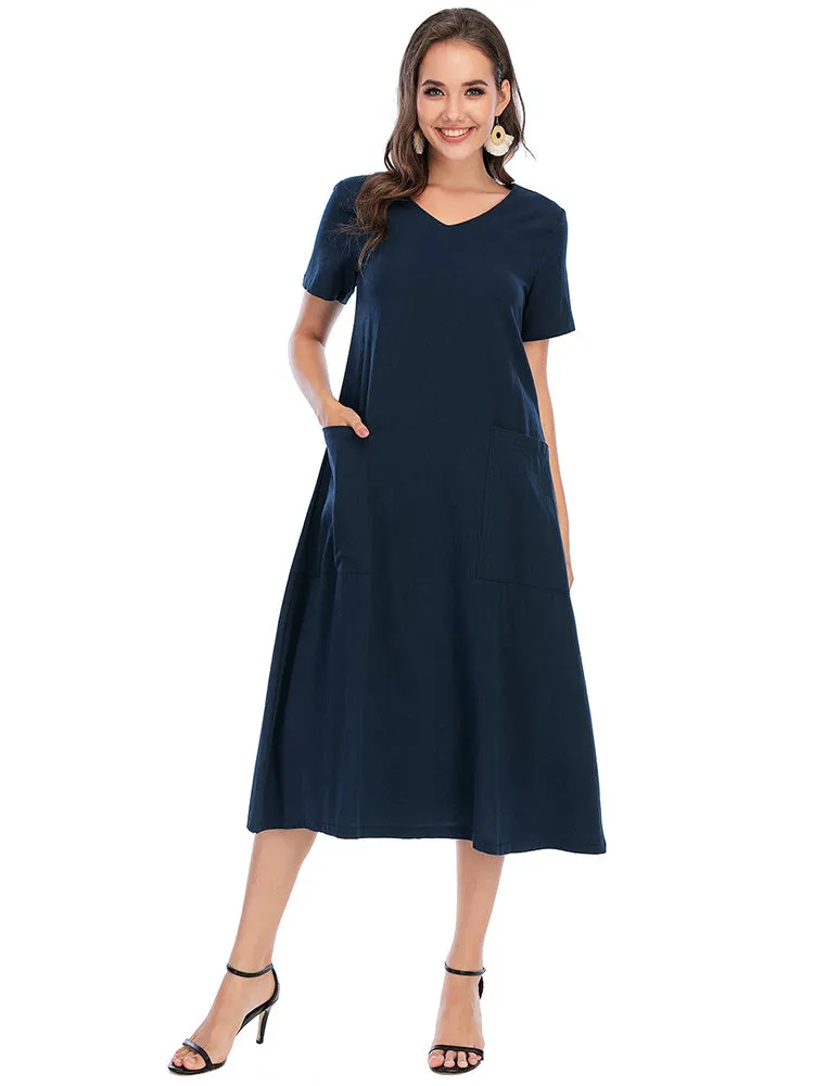 Vintage Short Sleeve V Neck Pockets Dresses