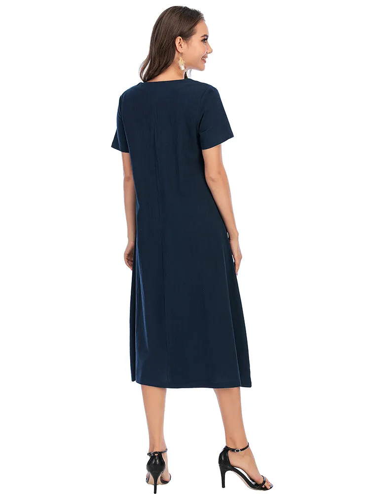 Vintage Short Sleeve V Neck Pockets Dresses