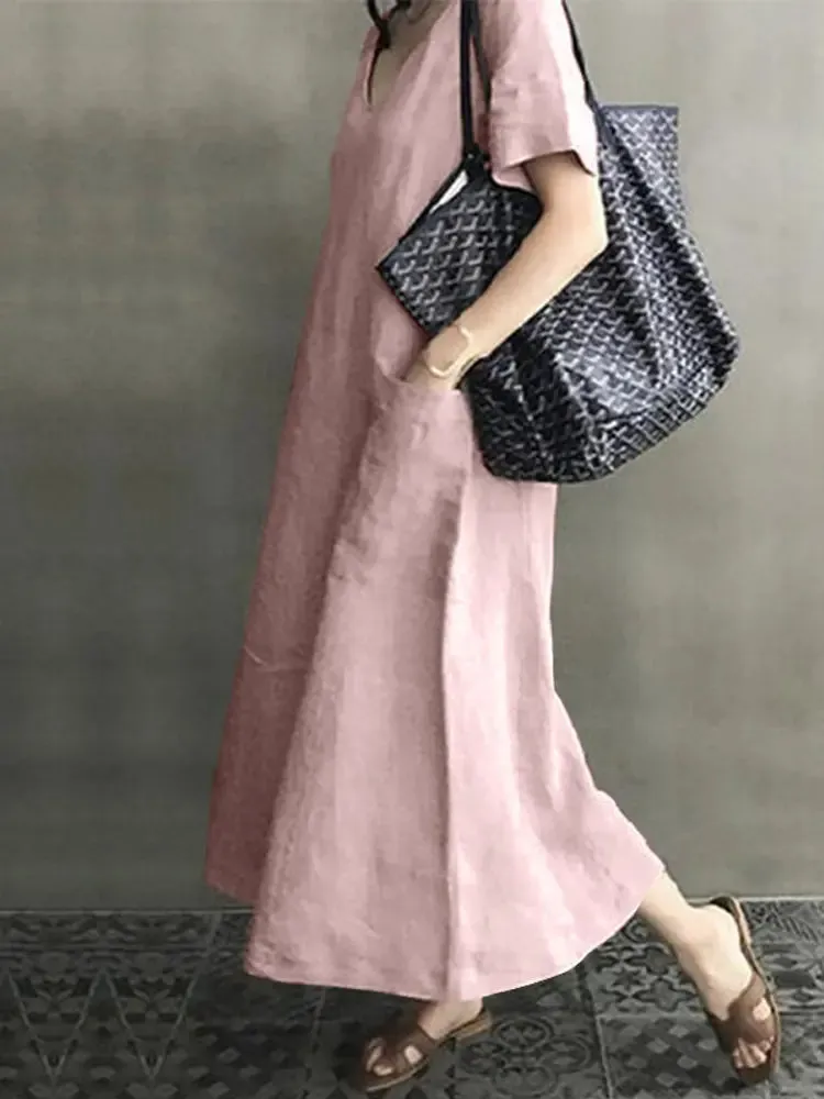 Vintage Short Sleeve V Neck Pockets Dresses