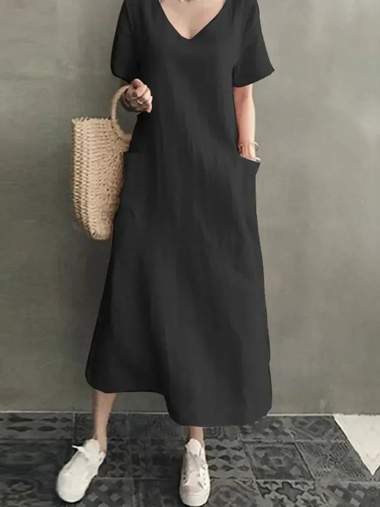 Vintage Short Sleeve V Neck Pockets Dresses