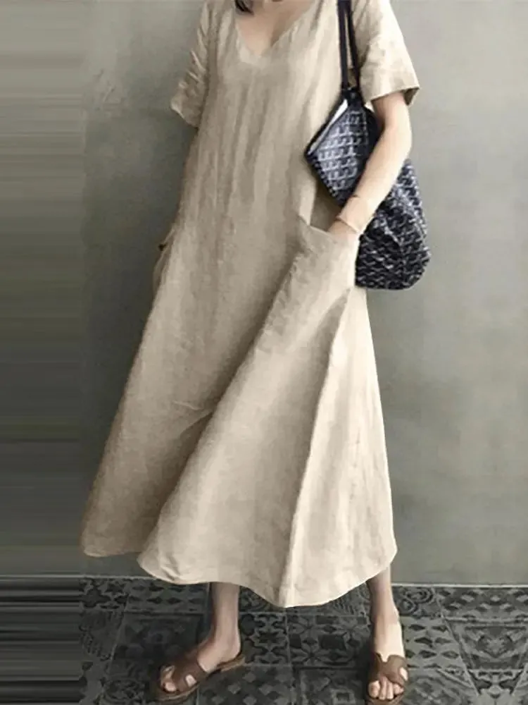 Vintage Short Sleeve V Neck Pockets Dresses