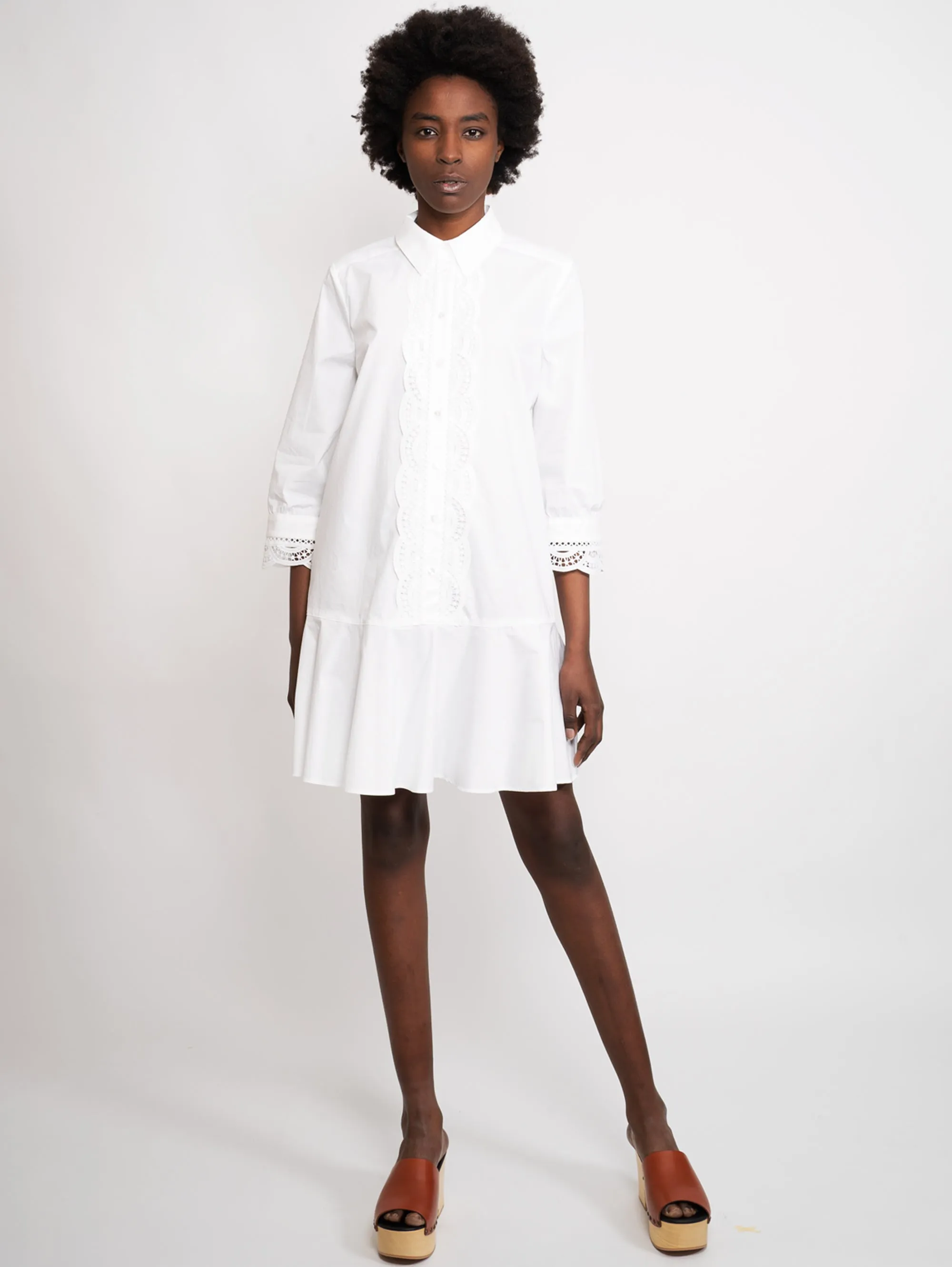 White Chemisier Dress with Applied Lace