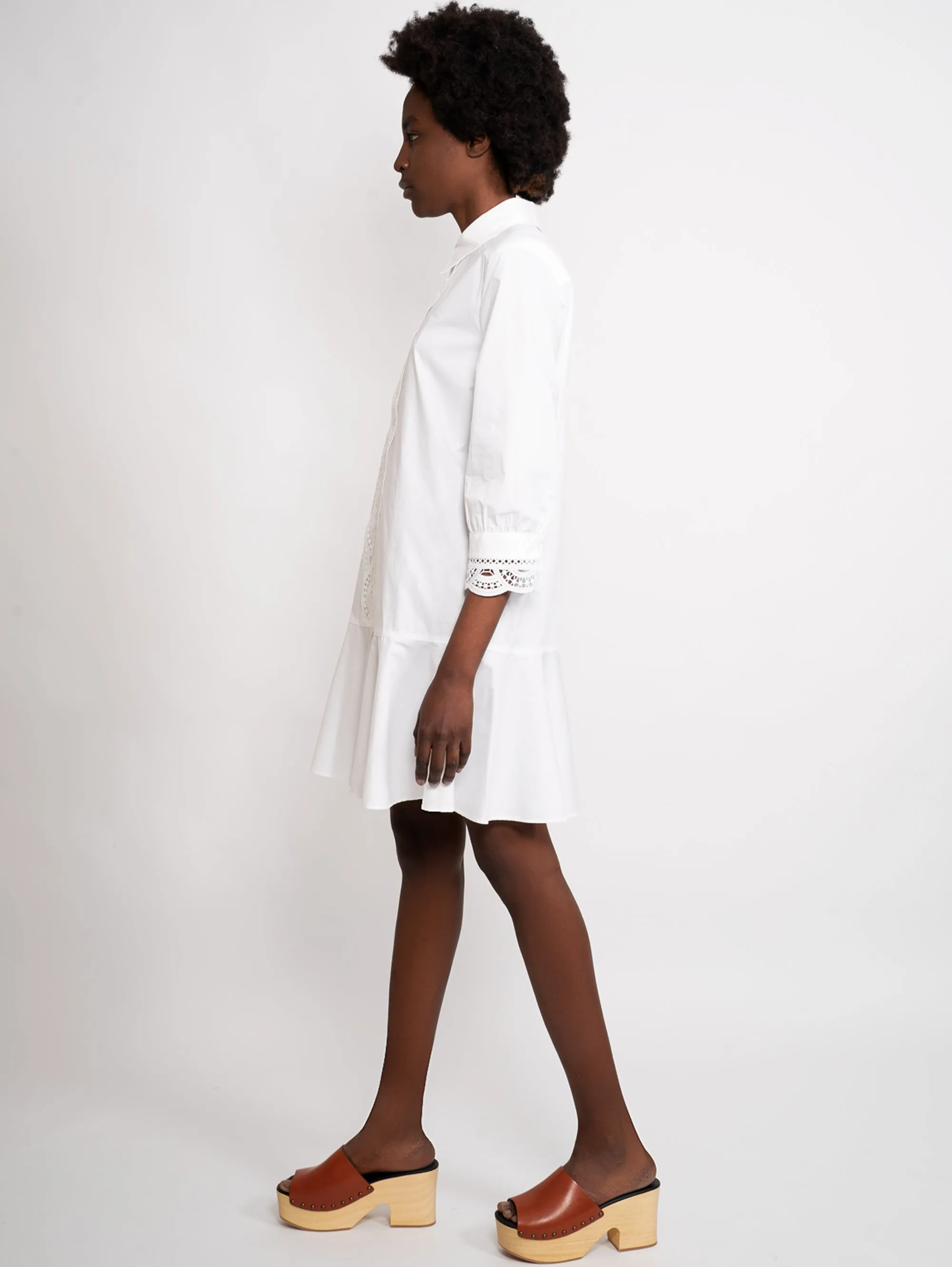 White Chemisier Dress with Applied Lace