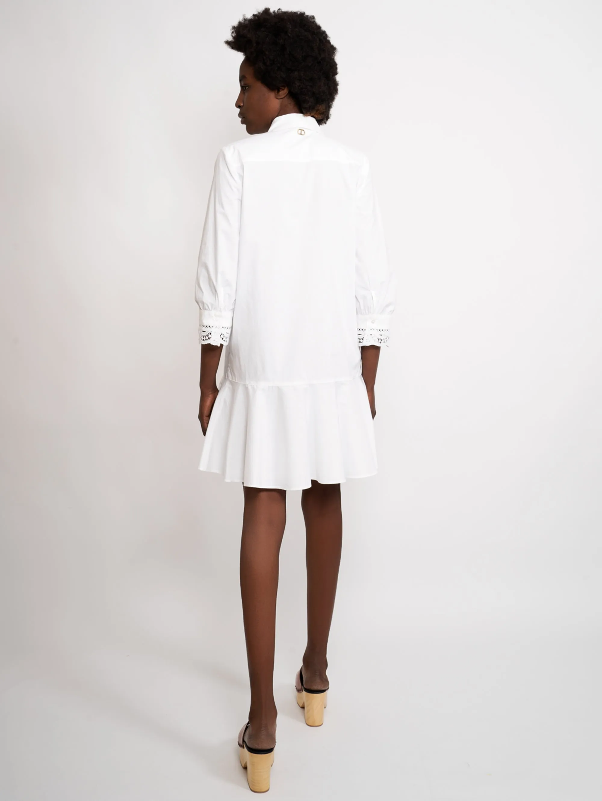 White Chemisier Dress with Applied Lace