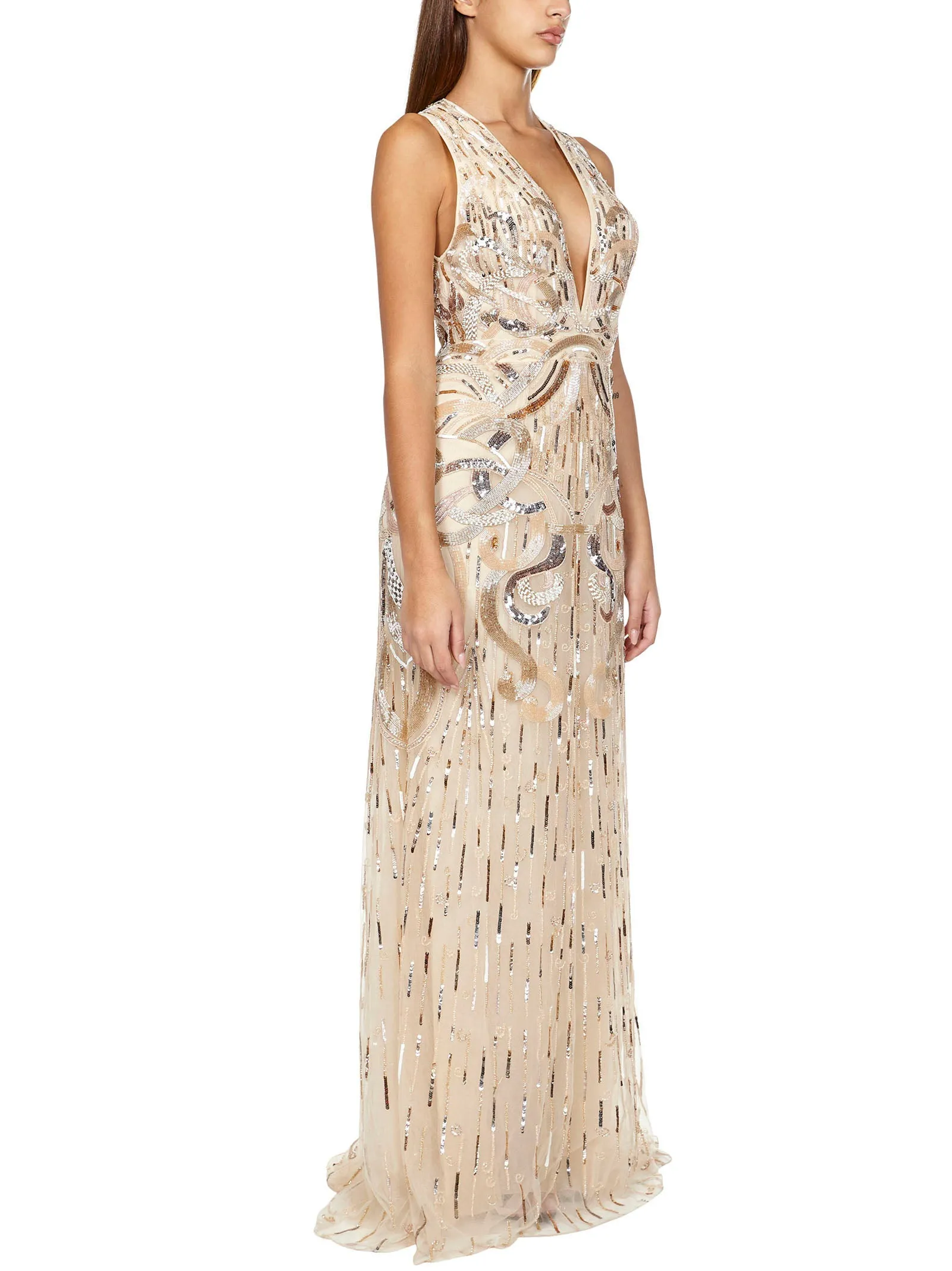 Zuhmair Murad Bead-Embroidered V-Neck Maxi Dress