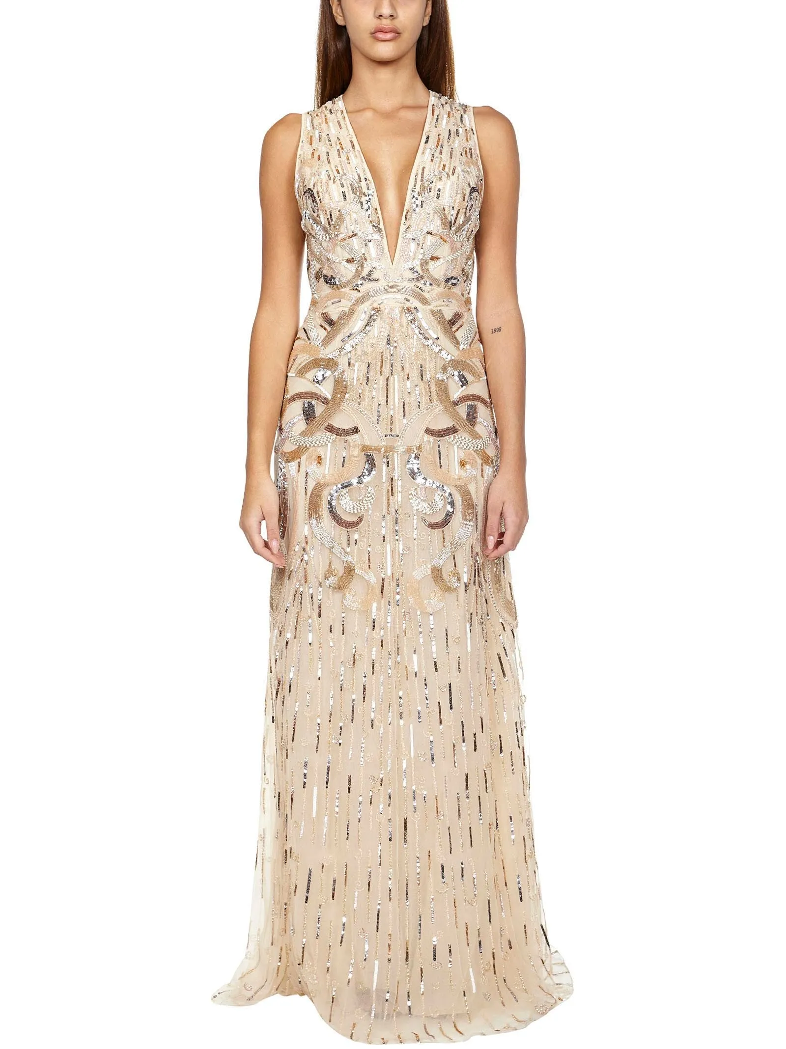 Zuhmair Murad Bead-Embroidered V-Neck Maxi Dress